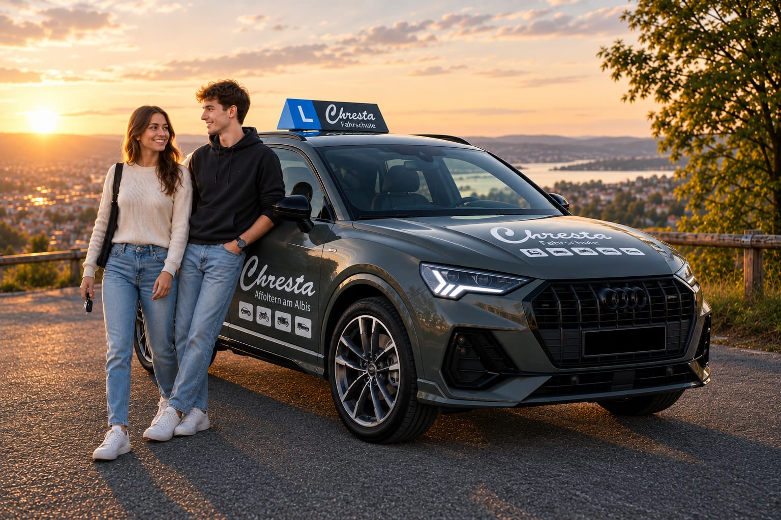 Lächelnde junge Frau mit Autoschlüssel und junger Mann bei einem Chresta-Fahrschulauto mit L-Schild bei Sonnenuntergang mit Blick über den See